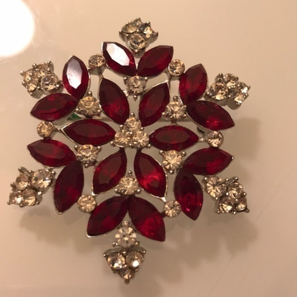 Brooch red rhinestone and clear white rhinestone crown Trafari signature